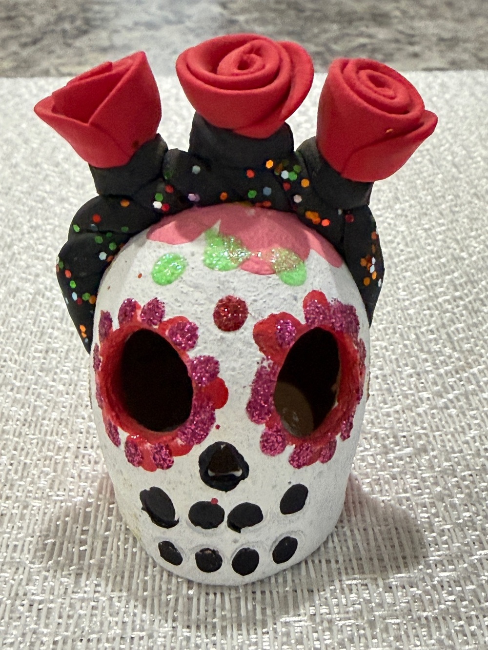 Handpainted Day of the Dead Sugar Skull with Red Rose Crown Mexico Decor - Picture 2 of 9